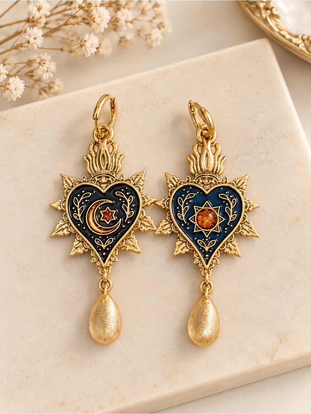 Gold & Navy Heart Sunburst Drop Earrings